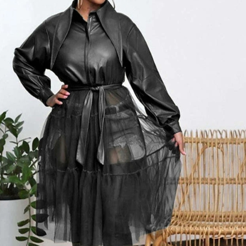Black Sheer Overlay Faux Leather Dress Jacket